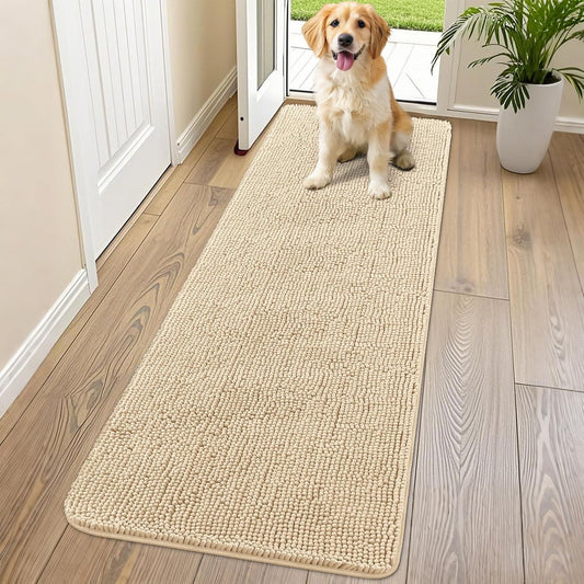 Smiry Dog Door Mat for Muddy Paws 70x24, Absorbs Moisture and Dirt Doormat, Non-Slip Washable Quick Dry Chenille Front Door Mat Indoor Entrance, Entryway Carpet for Inside Floor, Beige
