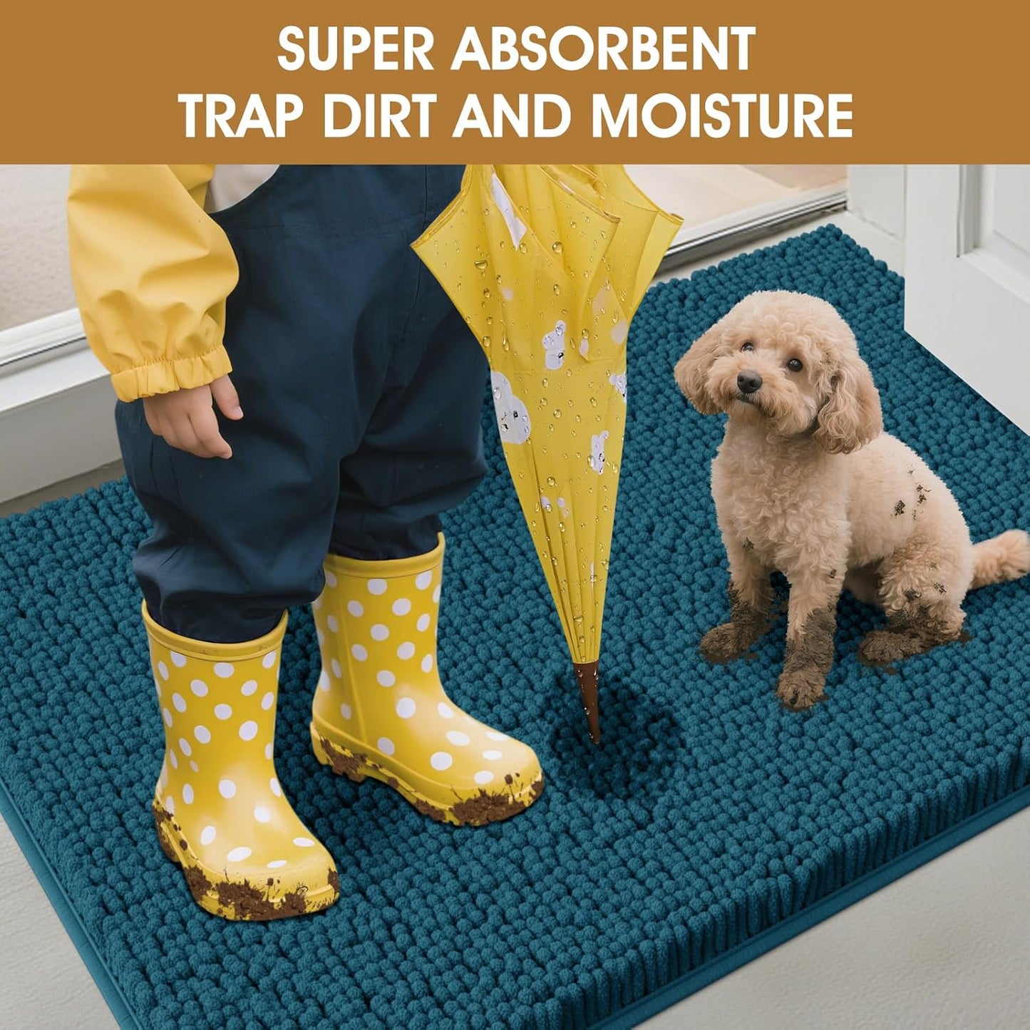 Dog Door Mats for Muddy Paws, Chenille Absorbent Door Mats, Non Slip Heavy Indoor Door Mat for Dogs, Soft Dog Mat for Entryway, Mud Paws, Inside Floor,48" x 38", Teal Blue