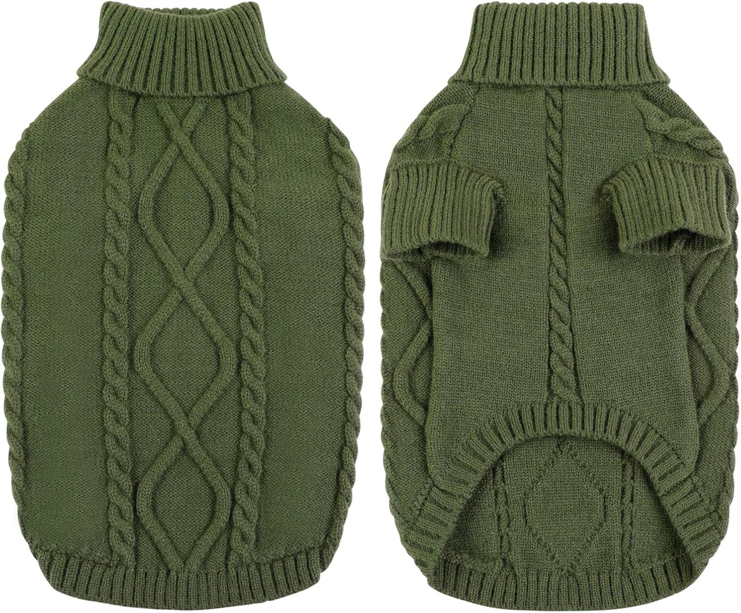 Queenmore Small Dog Pullover Sweater, Cold Weather Cable Knitwear, Classic Turtleneck Thick Warm Clothes for Chihuahua, Bulldog, Dachshund, Pug (Army Green, Small)