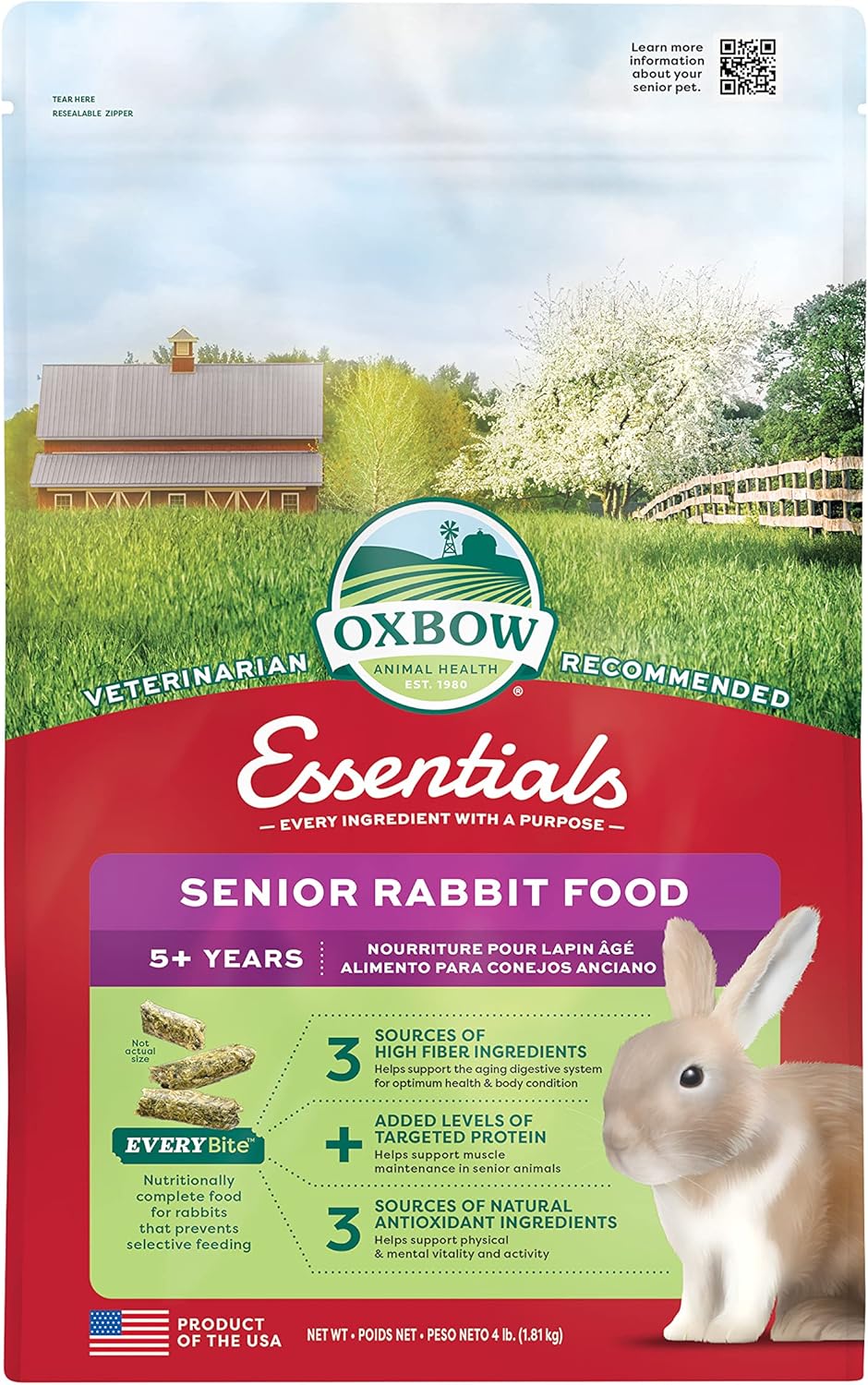 Oxbow Essentials Rabbit Food, Senior, Made with Oxbow Alfalfa for Rabbit, Vitamin & Mineral Rich Pet Pellets, Small Animal Pet Products, Bunny Food, Made in USA, High Fiber, 4 lb. Bag