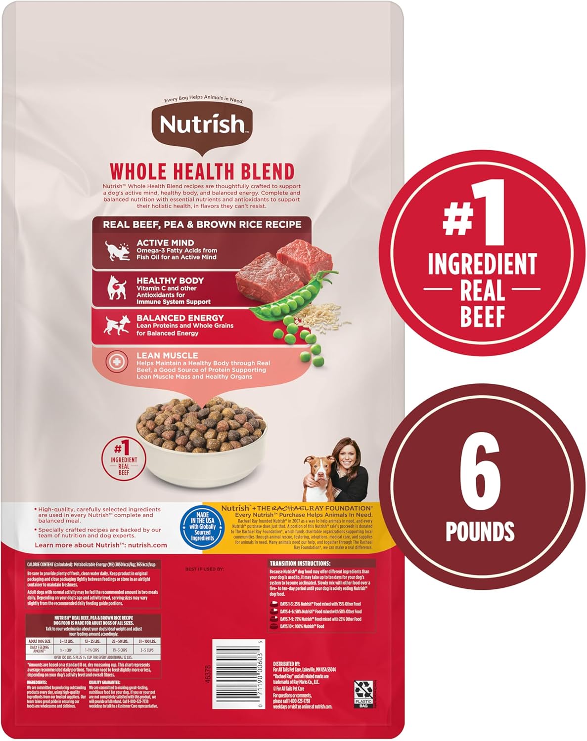 Nutrish Dry Dog Food, Real Beef, Pea & Brown Rice Recipe Whole Health Blend for Adult Dogs, 6 lb. Bag (Rachael Ray)