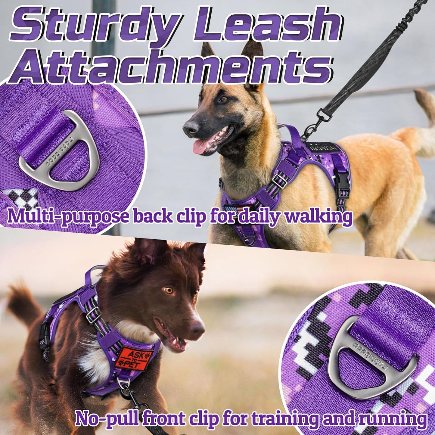 rabbitgoo Tactical Dog Harness for Large Dogs, No Pull Military Service Vest with Handle & Molle, Easy Control for Training Walking, Adjustable Reflective Straps, Purple Camo, L