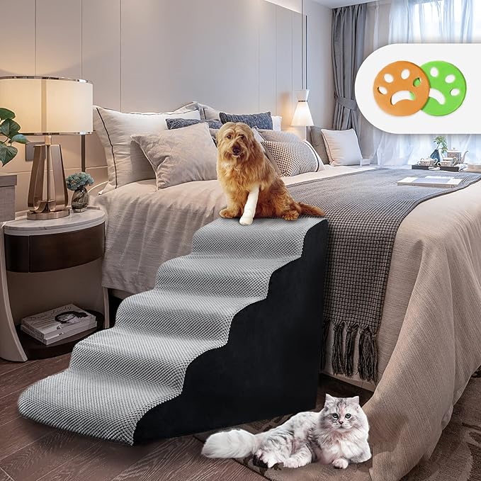 Curved Dog Stairs 24 inches High, Dog Ramp Stairs for Small Dogs for High Beds 20-25 inches Tall, 30D Foam Dog Steps for Beds 24 inches, Pet Stairs/Steps for Old Dogs Cats, Grey