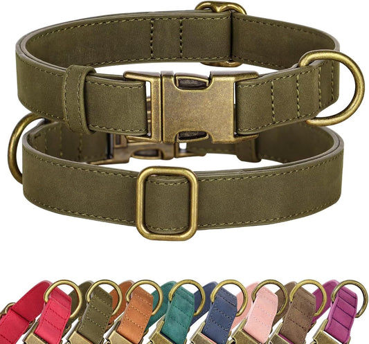 Didog Soft PU Leather Dog Collar, Stylish Quick Released Dog Collar for Large Dogs, Easy Clean Adjustable Pet Collar for Daily Walking, Dark Green, L Fit 15-23" Neck