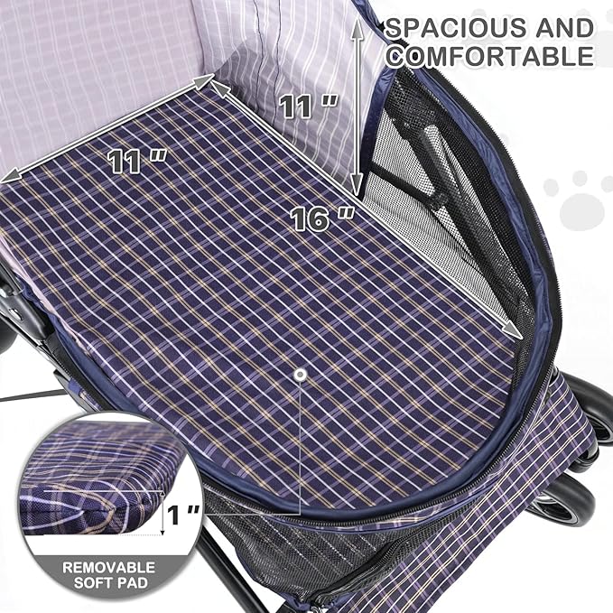 MoNiBloom 4 Wheels Pet Stroller, Easy-Fold Umbrella Shaped Dog Cat Jogger Stroller w/Storage Bag & Visible Mesh for Small/Medium Dogs Cats Plaid