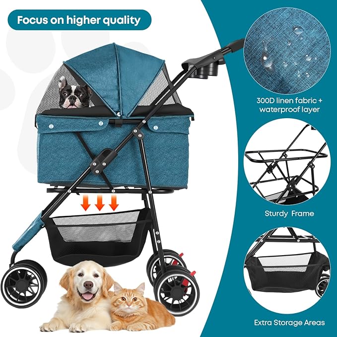 Pet Stroller,Dog Stroller for Small Medium Dogs Cats,3 Wheels,Foldable,with Breathable Mesh Canopy,Cup Holders,Easy Assembly,Green