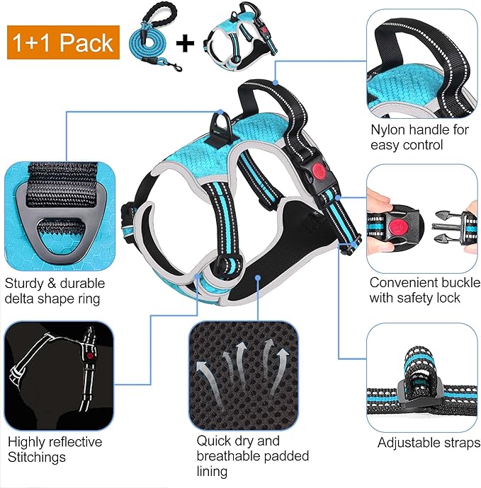 No Pull Dog Harness Adjustable Reflective Oxford Easy Control Medium Large Dog Harness with A Free Heavy Duty 5ft Leash
