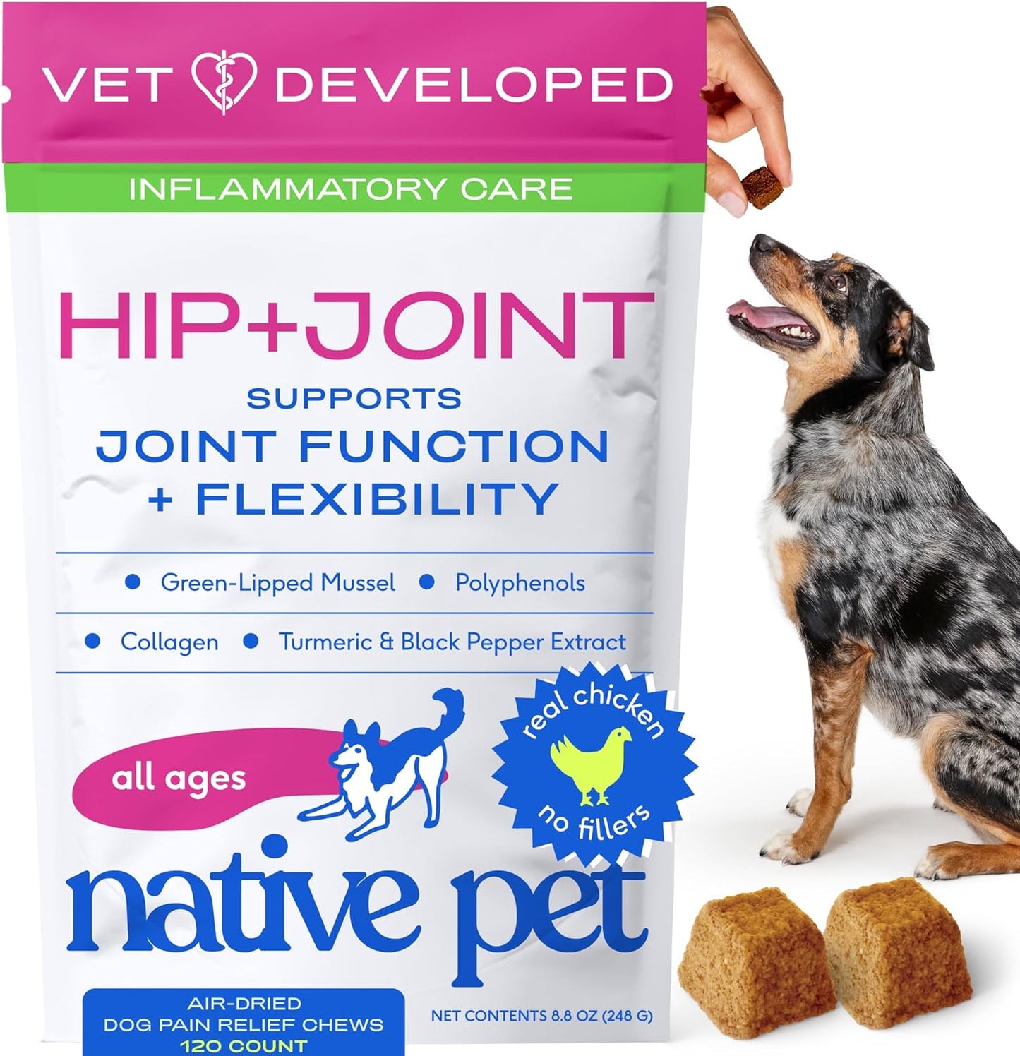 Native Pet Pain Relief for Dogs - Collagen for Dogs Promotes Joint Health, Reduce Inflammation & Stiffness - Senior Pup Joint Supplement - Natural Pain Reliever for Active & Aging Pets - 120 Chews