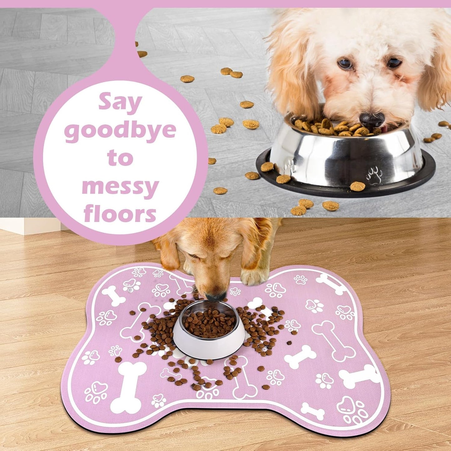 Dog Cat Mat for Food and Water,Rapid Absorbent Pet Feeding Mat, Bone Shaped Dog Placemat Bowl Mat with Rubber Backing,No Stains Pet Food Mats Indoor, Pet Accessories Supplies,Pink 16"×24"
