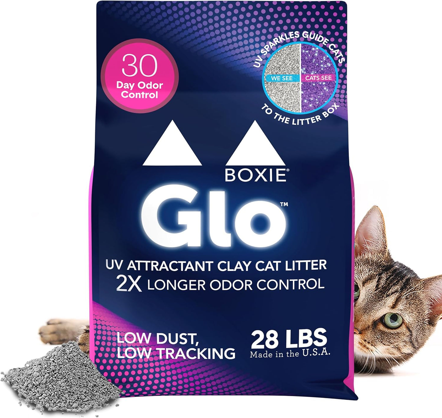 Boxie Glo Clumping Clay 30 Day Odor Control Cat Litter, 99.9% Dust-Free, Low Tracking, UV Light Attractant, 28 lb