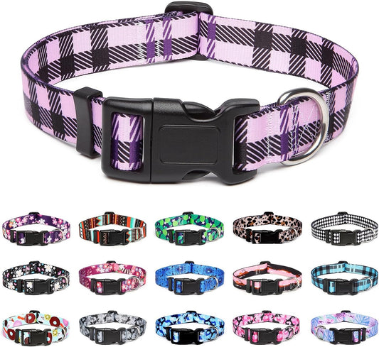 Mercano Adjustable Dog Collar - Special Design Patterns, Soft Nylon Comfortable Durable Pet Collar for Small Medium Large Dogs (M, Purple Plaid)