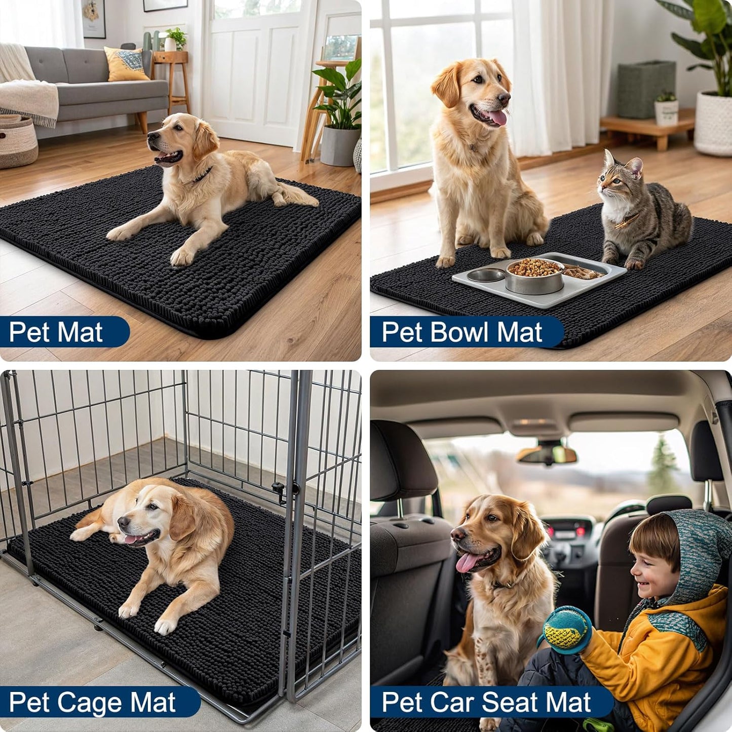 Smiry Dog Door Mat for Muddy Paws 40x32, Absorbs Moisture and Dirt Doormat, Non-Slip Washable Quick Dry Chenille Front Door Mat Indoor Entrance, Entryway Carpet for Inside Floor, Black