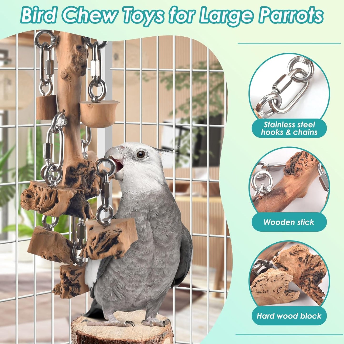 Bird Toys for Parrots, Durable Wooden Large Birds Toy with Stainless Steel, Hanging Natural Chew Hardwood Blocks for Macaws, African Greys, Amazon Parrot, Cockatoos and Small Medium Parakeets