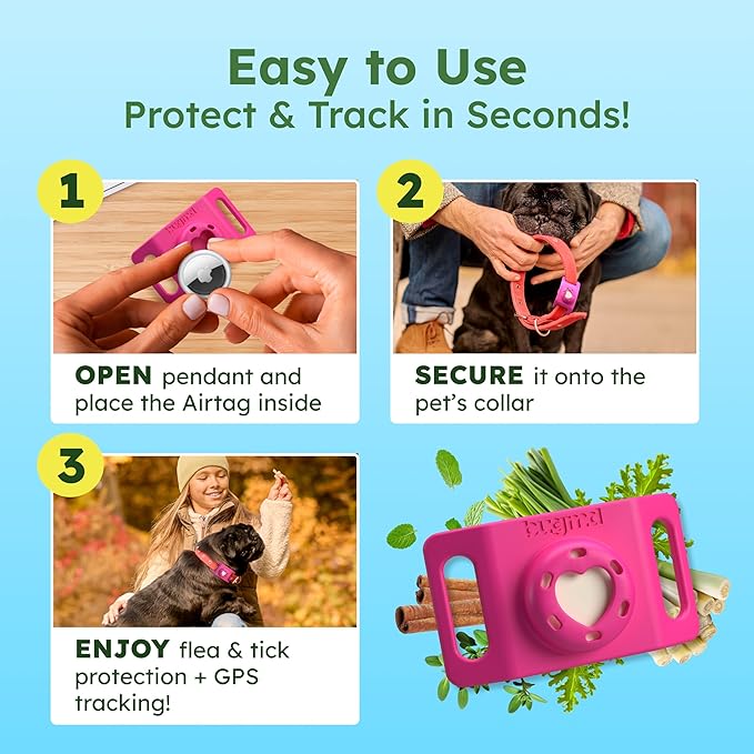 BugMD Paw Guardian Flea & Tick Pendant (2-Pack) with AirTag Holder – Plant-Based Flea & Tick Prevention for Dogs & Cats – Pet Collar Tag & GPS Tracker Holder for Cats & Dogs – Pink