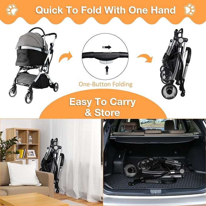 Dog Stroller for Small Medium Dogs, 3 in 1 Folding Pet Stroller Up to 33 lbs, 4 Wheels Pet Strolling Cart with Zipperless Entry, Cat Dog Travel Carrier with Telescopic Handle and Storage Basket