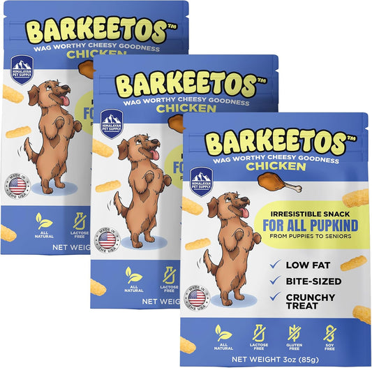Barkeetos Dog Treats, Crunchy and Cheesy Pet Snacks Made with Real Himalayan Cheese & Chicken, Gluten Free, Grain Free, Lactose Free, Natural Dog Food for All Breeds and Sizes - 3 Pack