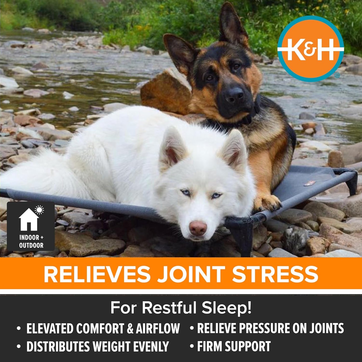 K&H Pet Products Elevated Outdoor Dog Cot Bed, Raised Cooling Bed with Washable Breathable Mesh for Large Dogs, Portable Raised Platform Pet Bed, Heavy Duty Metal Frame Hammock Bed, Jumbo, Gray