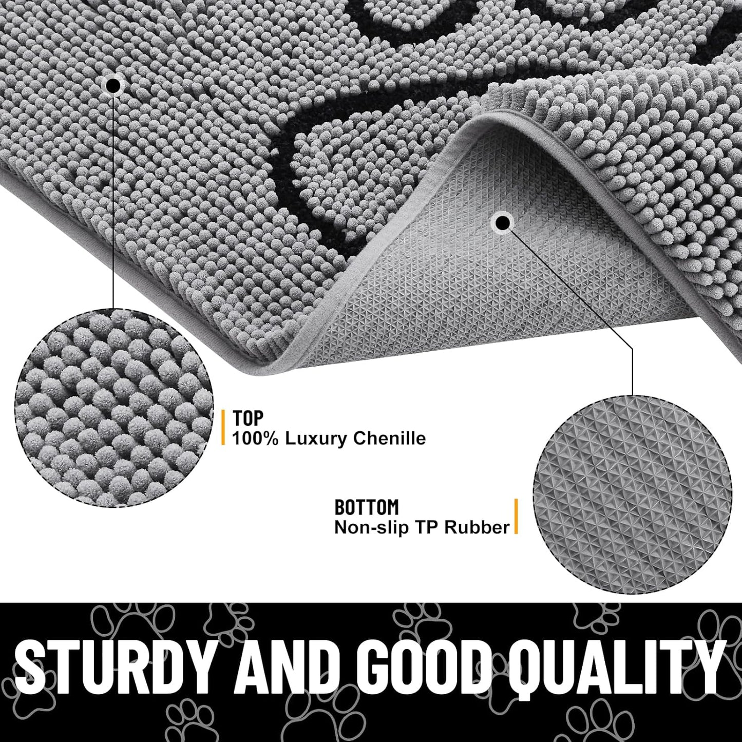 Smiry Dog Door Mat for Muddy Paws, Absorbent Dirt Trapper Non Slip Quick Dry Washable Chenille Mat for Mud Dogs, Entry Rug for Indoor and Outdoor (47x32 Inches, Grey)
