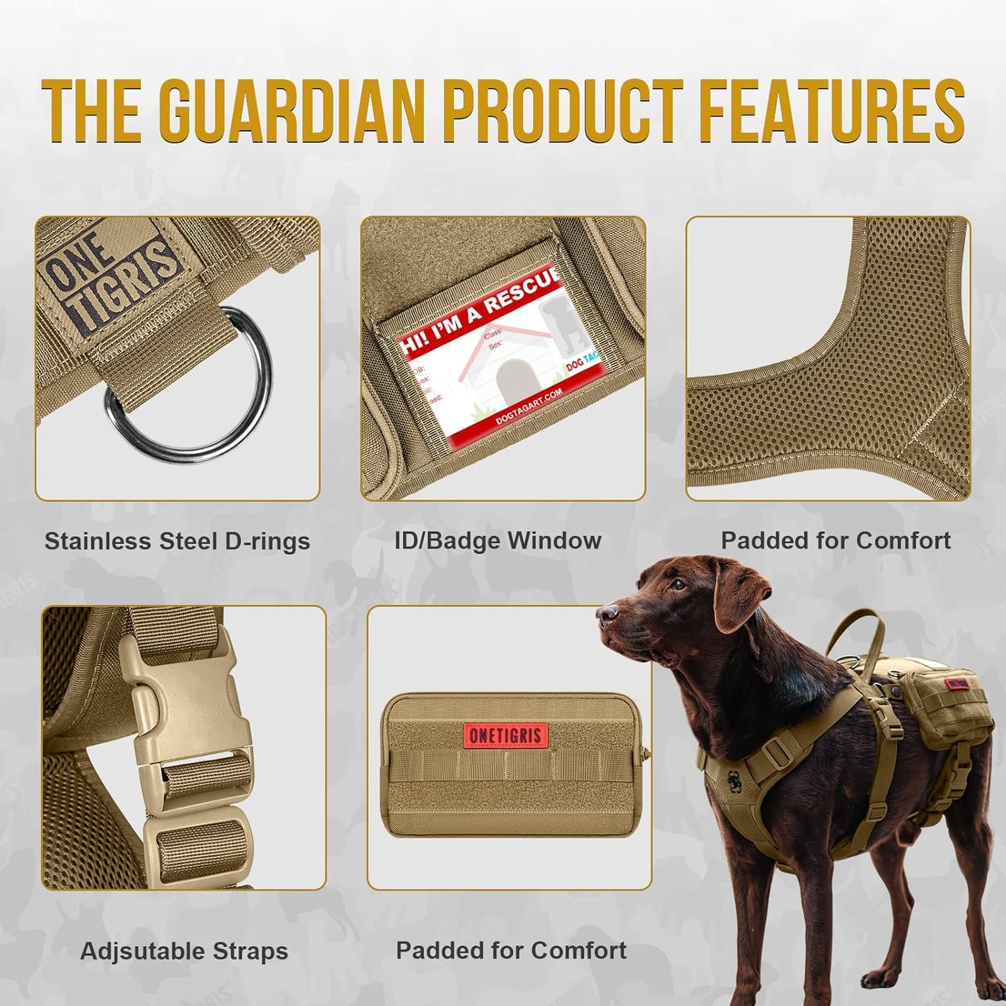 OneTigris Service Dog Vest Harness, Service Dog Cape Guardian Dog Backpack Harness with Pouches Dog Saddle Bag for Small Medium and Large Dogs (Brown, M)