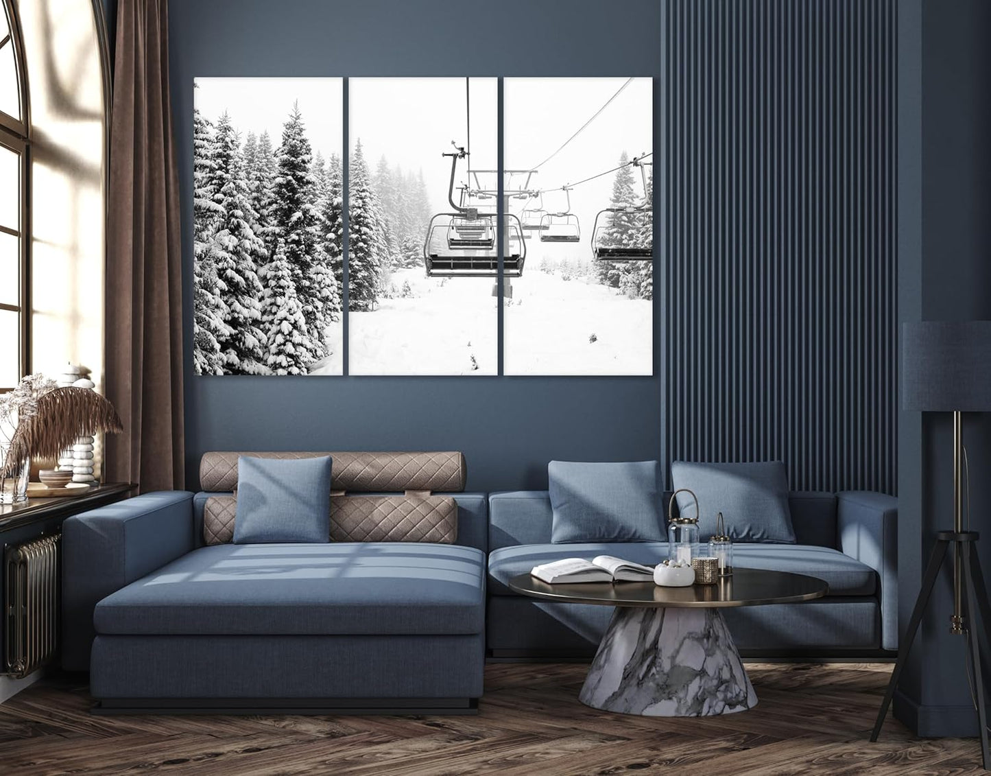 Nature Wall Art Prints - Ocean Forest Mountain Lake Canvas Landscapes - Small to Extra Large Living Room Bedroom Kitchen Bathroom Décor (Ski Lift on Snowy Mountain, 47L" x 71W" - 3 panels)