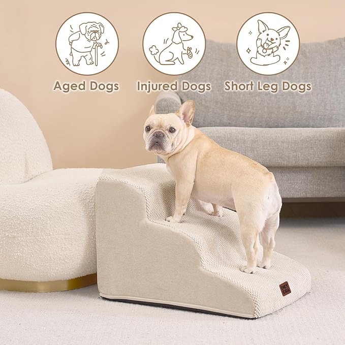 EHEYCIGA Curved Dog Stairs Ramp for Small Dogs 15.7" H, 3-Step Dog Steps for Couch Sofa and Chair, Pet Stairs for Cats, Non-Slip Balanced Pet Steps Indoor, Beige
