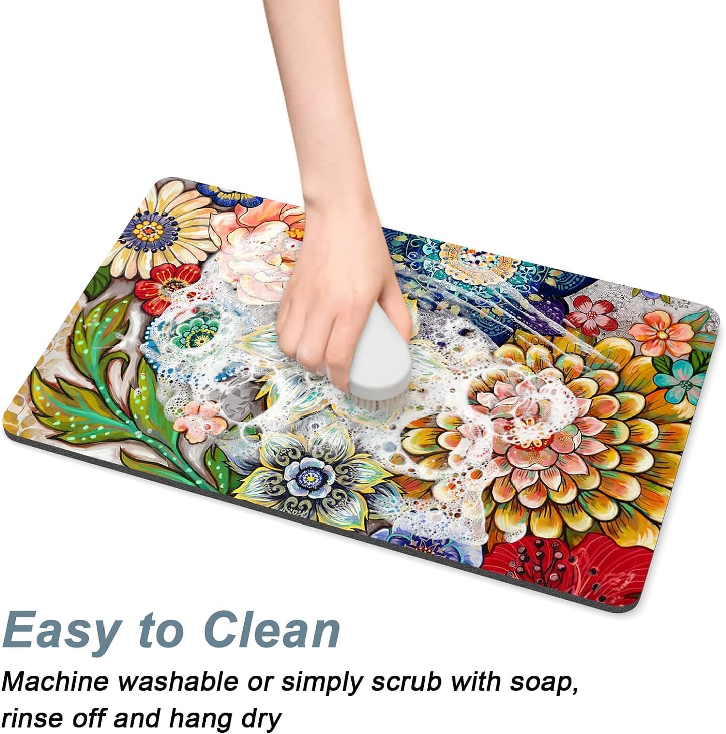 Rnivvi Dog Food Mat, 12" x 19" Flower Absorbent Dog Cat Bowl Mat for Food and Water, Cute Anti-Slip Rubber Pet Feeding Rug Protect Floors, Puppy Placemat for Feeding & Watering Supplies,Mandala Floral