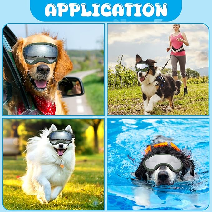 Dog Goggles for Large Dogs, UV Wind Dust Fog Protection, Soft Frame Adjustable Dog Sunglasses, Summer Driving & Winter Snow Eyewear, Tactical Pet Glasses with Elastic Strap (Green)