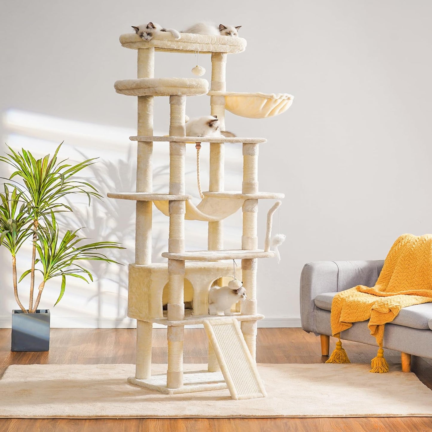 Heybly Tall Cat Tree, 78-inch Multi-Level Cat Tower for Indoor Cats, 2 Widened Plush Perches Cat Condo with Scratching Board and Big Caves, Beige HCT033M