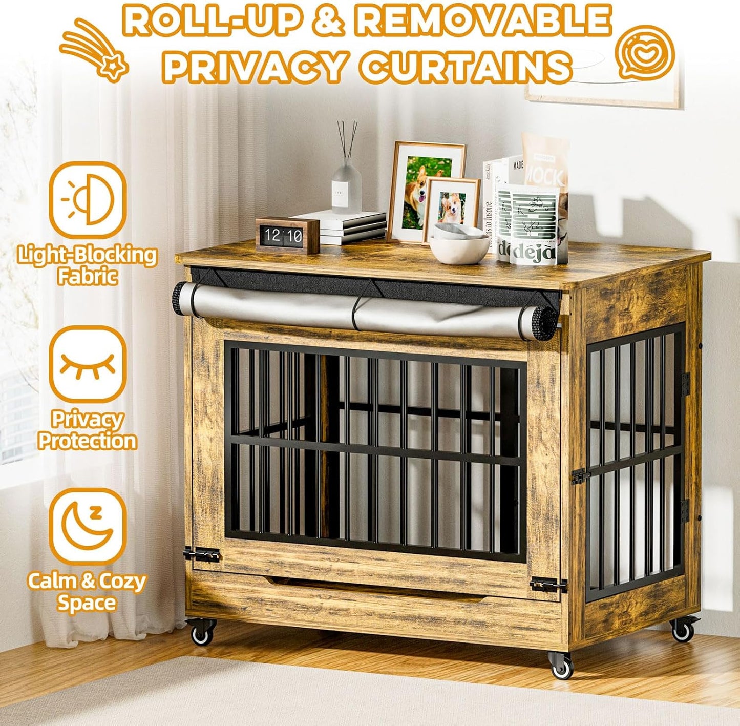 38" Dog Crate Furniture, Double Door Wooden Indoor Dog Kennel Furniture, Decorative Pet Cage End Table with Wheels for Large and Medium Breed Dogs, Size L, Rustic Brown
