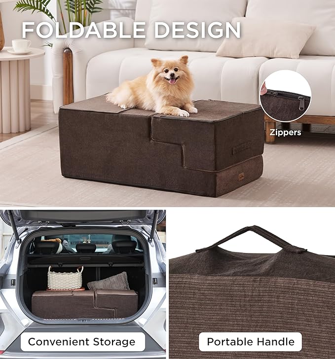 Made4Pets Dog Steps for Bed, Extra Wide Dog Stairs for High Bed Couch Sofa, 35D Foam Pet Steps for Small Dogs and Cats, Non-Slip Bottom Pet Stairs, Brown, 4 Steps