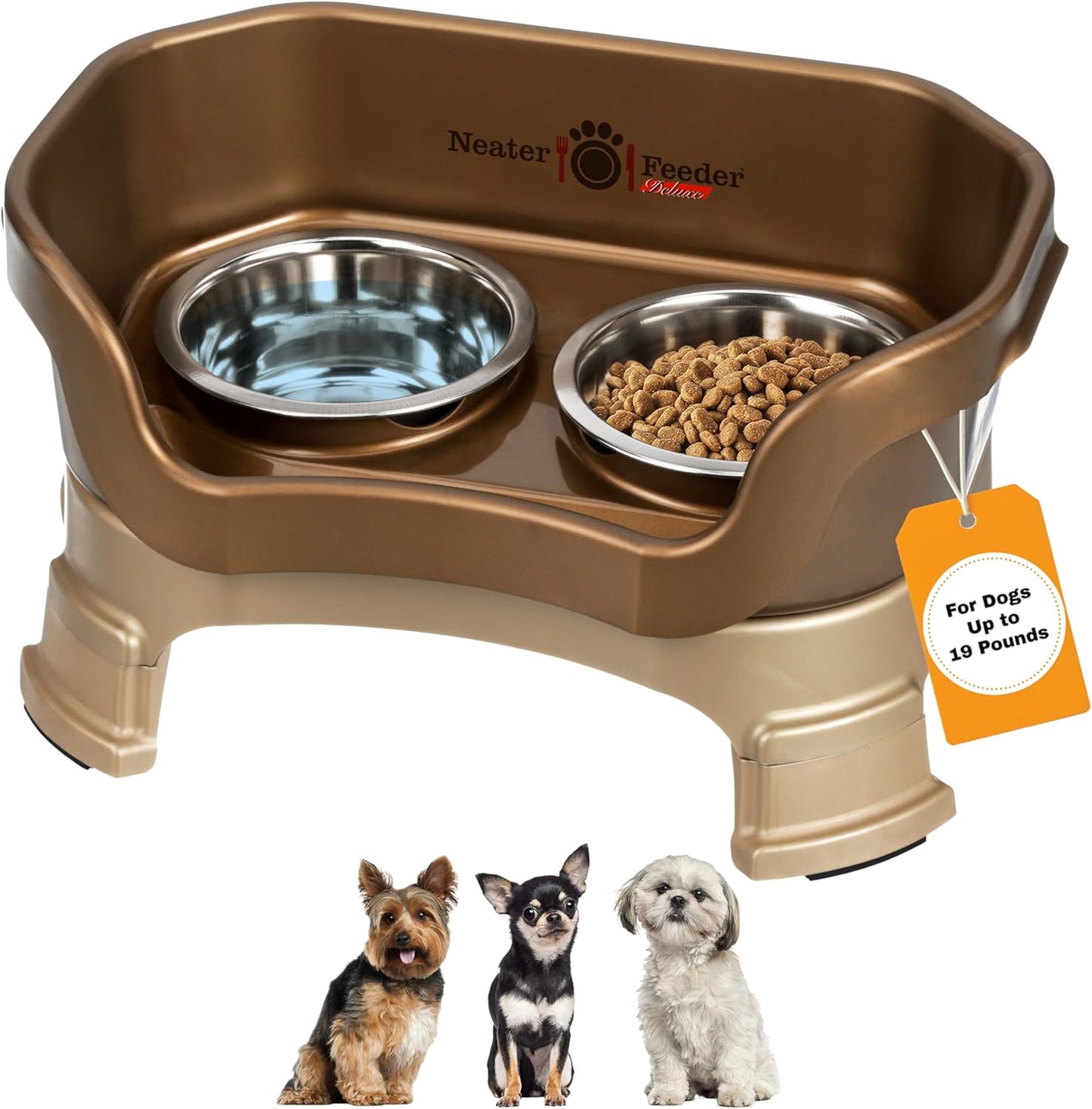 Neater Feeder Deluxe Mess Proof Dog Bowls Elevated for Small Breeds – Made in USA – No Spill Raised Dog Food Bowl Stand w/Leg Extensions – Stainless Steel Dog Food and Water Bowl Set – Bronze