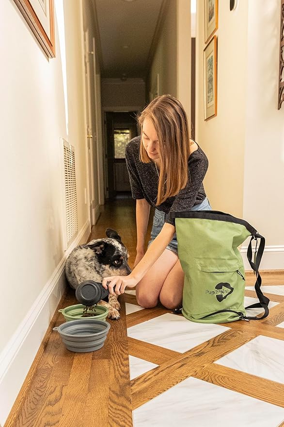 Dog Travel Bag – Large Capacity Pet Food Organizer with Backpack Leash, Water-Resistant & Food-Safe, Includes ID Tag – Travel Gear for Dogs, Hiking, Camping & Road Trips (Green)