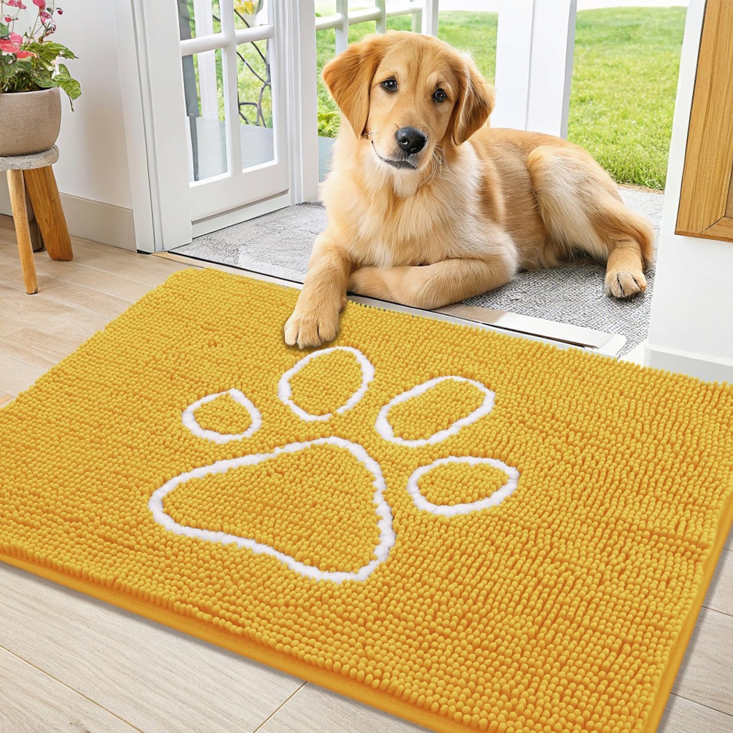 Smiry Dog Door Mat for Muddy Paws, Absorbent Dirt Trapper Non Slip Quick Dry Washable Chenille Mat for Mud Dogs, Entry Rug for Indoor and Outdoor (36x24 Inches, Yellow)