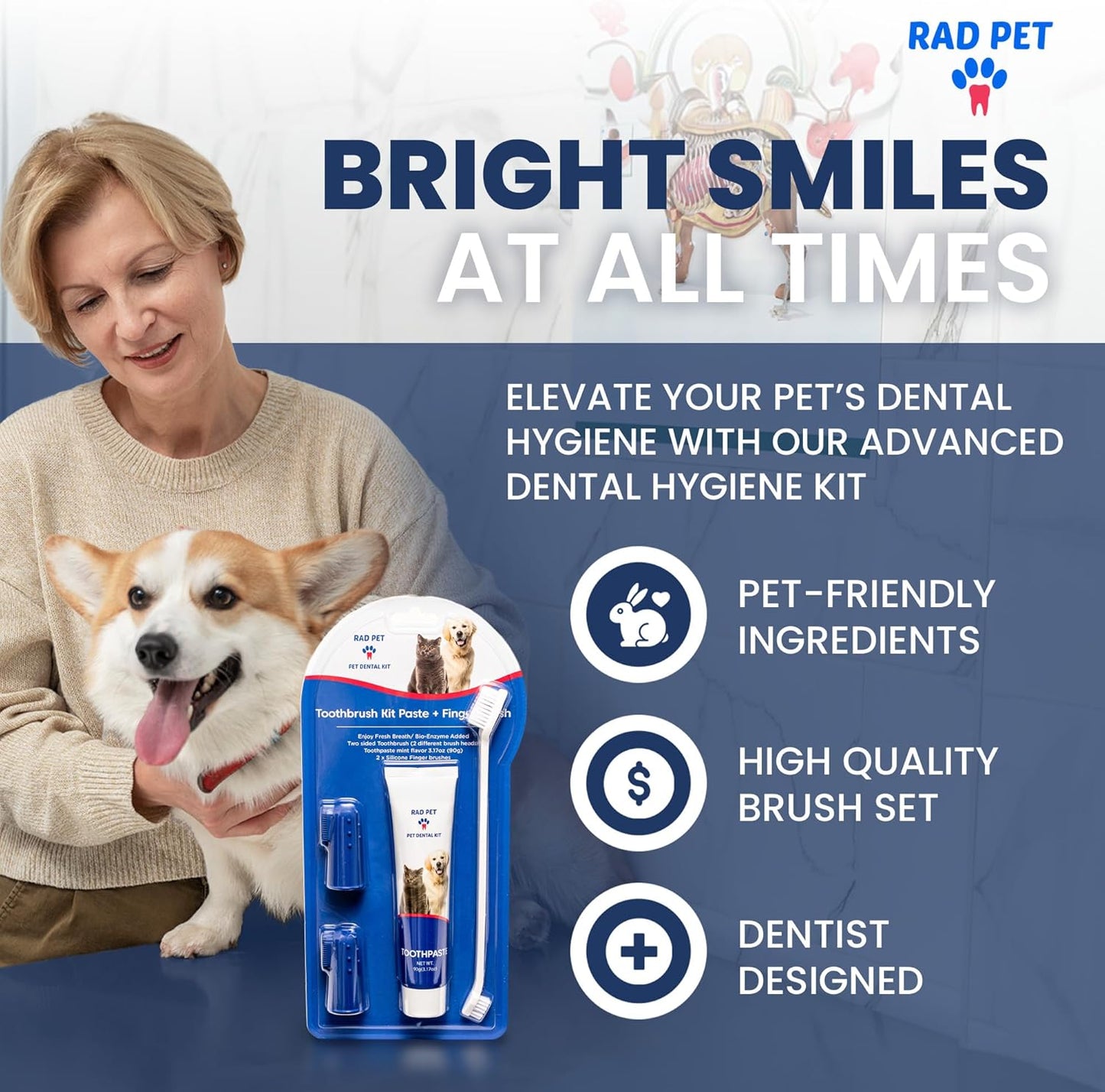 Rad Health Dental Kit - Dog Toothbrush and Toothpaste Kit for Daily Oral Care, Dual Brushes for Deep Cleaning, Safe for Cats & Dogs, Reduces Bad Breath, Prevents Gum Disease