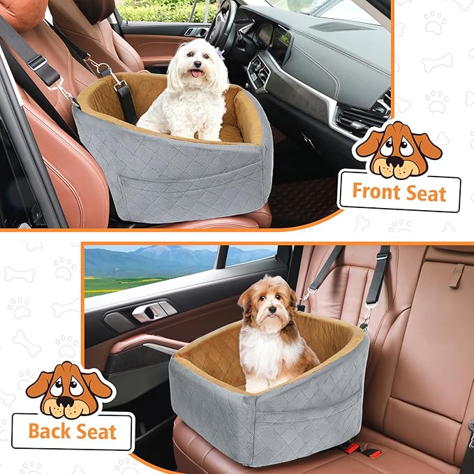 Dog Car Seat for Small Medium Dogs,Detachable Washable Dog Booster Seat Under 30lbs, Pet Car Seat Travel Bed with Storage Pockets and Dog Safety Belt(Grey/Brown)