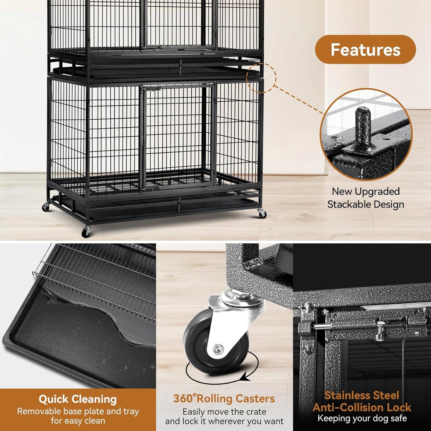 Oranland 48 inch Wire Dog Crate,2025 New Upgraded Stackable Dog Crate for Nursing Mother Dogs & Puppies,Large Dog Kennel with Reinforced Frame,Sturdy Locks Design/Removable Tray