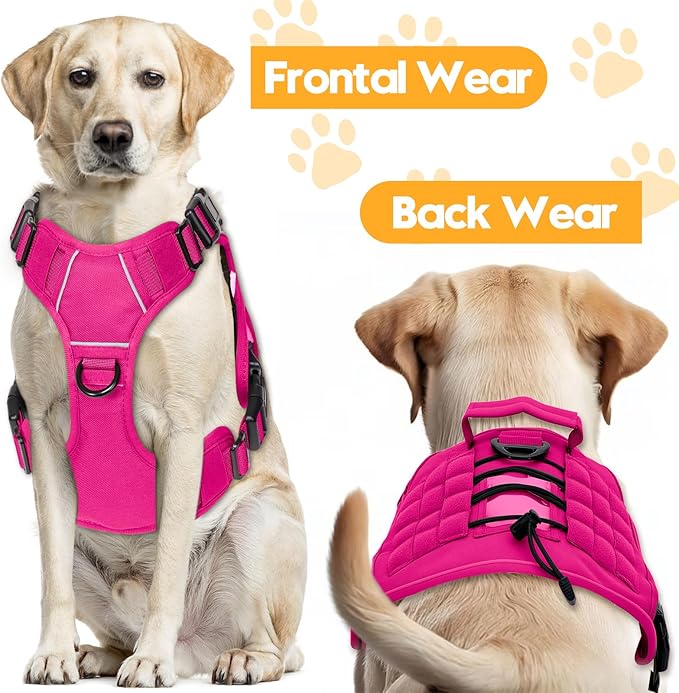 Heavy-Duty Tactical Dog Harness for Large Dogs, No Pull Adjustable Reflective Pet Vest with Molle System, K9 Military-Grade Control for Service Training, Outdoor & 10+ Breeds, Hot Pink, Large