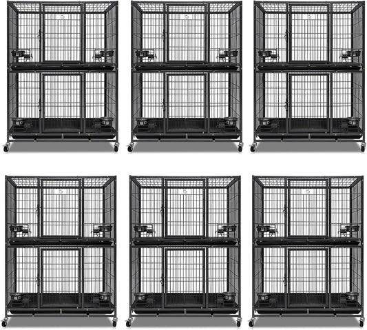 Homey Pet Two Tiers 37 Inch Dog Crate Cage Kennel with Feeding Door and Bowls, Lockable Wheels and Removable Tray, Escape Proof Metal Wire Heavy Duty Dog Crates for Medium/Small Sized Dogs (6 Pack)