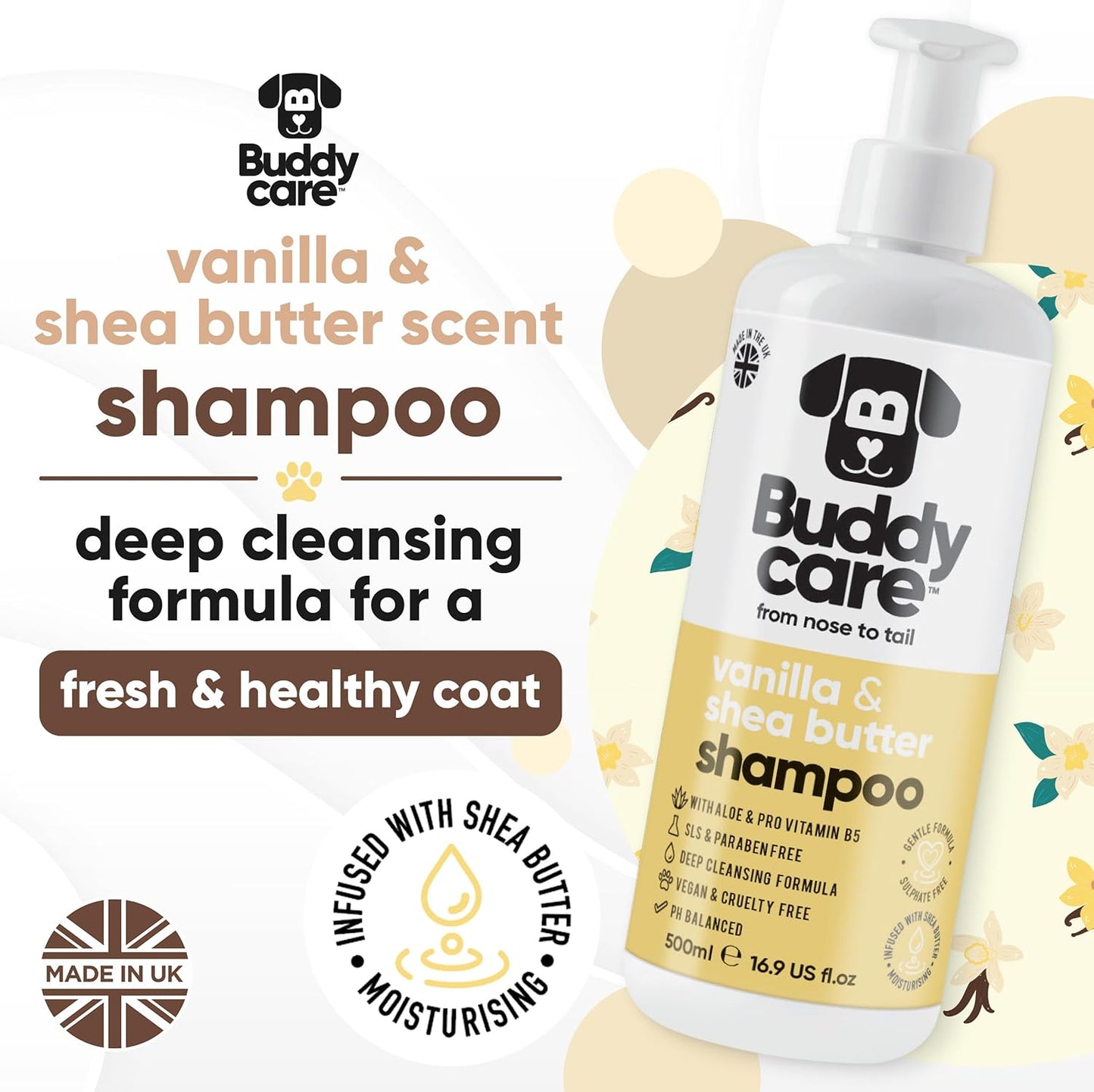 Vanilla & Shea Butter Dog Shampoo by Buddycare | Moisturising Shampoo for Dogs | Vanilla & Shea Butter Scented | with Aloe Vera and Pro Vitamin B5 (50.72oz)