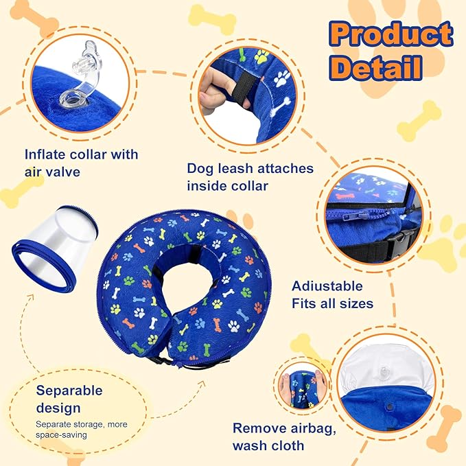 Dog Cone Collar with Enhanced Anti-Licking, Inflatable Dog Cone After Surgery, Adjustable Size with Soft Padding for Small Medium Large Dogs - Blue/M+