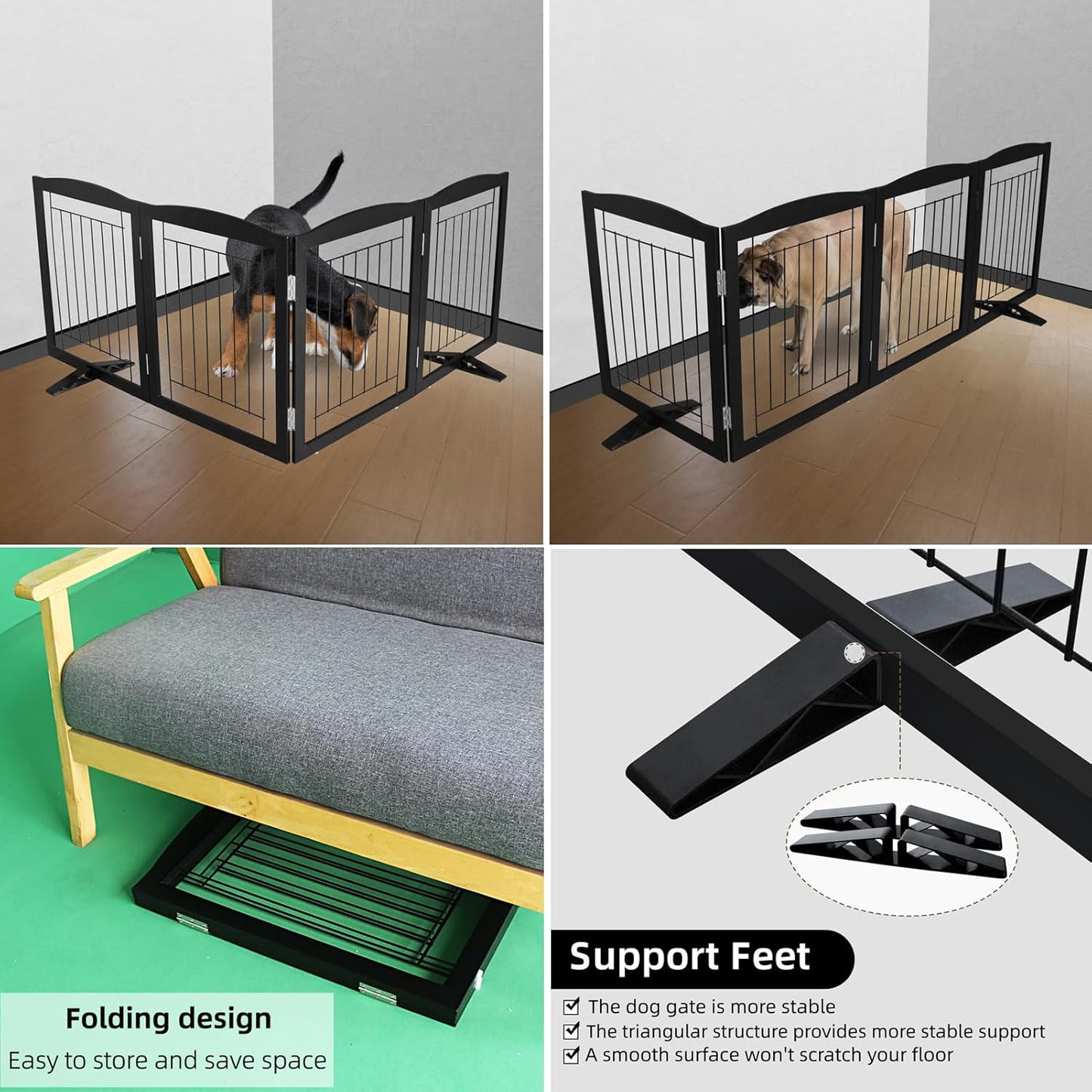 ZJSF Freestanding Dog Fence Indoor, Foldable Dog Gate for Doorways, Stairs or Hallways, Sturdy Wood Extra Wide Pet Gate with Support Feet for The House, Black, 24 "Height-4 Panels