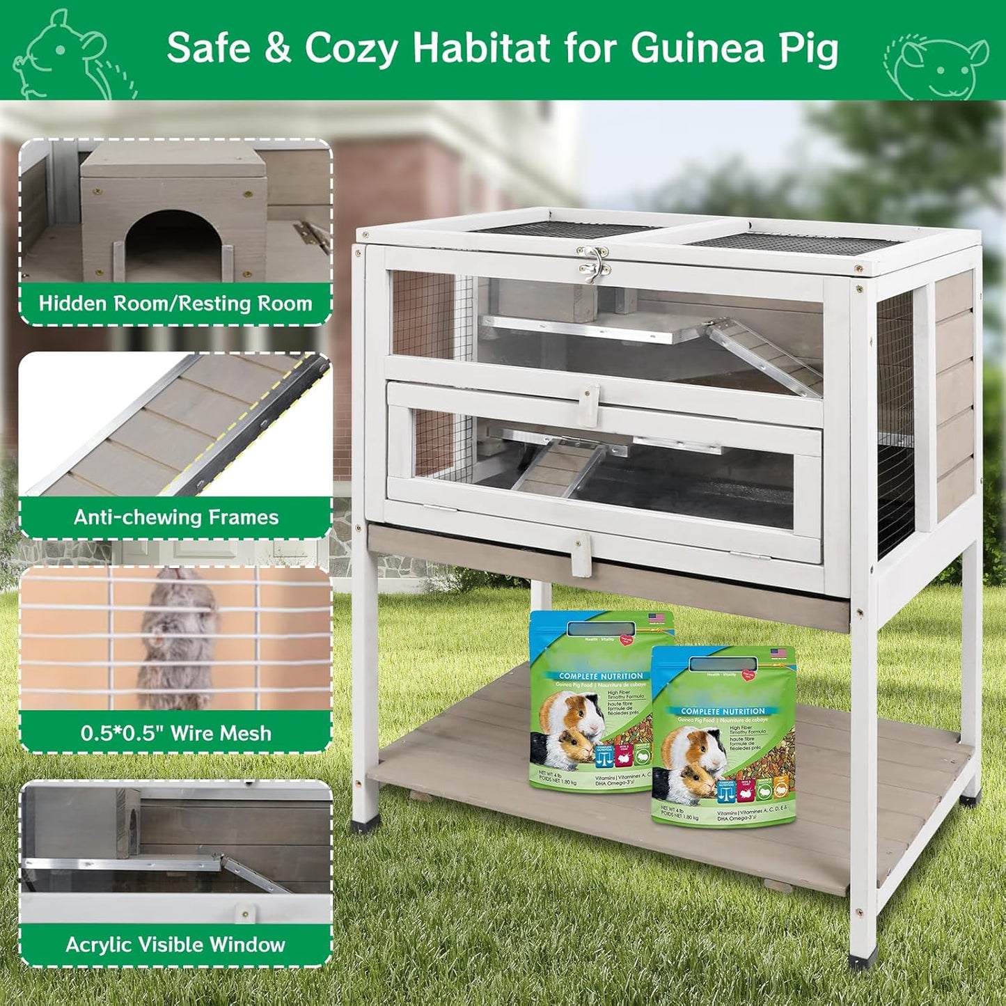 Guinea Pig Cages Wooden Hamster Cage Indoor with Stand and Storage Outdoor Small Animals Habitat with Metal Edges Ramps Hideout House,No Leak and Pull Out Tray, Easy Clean