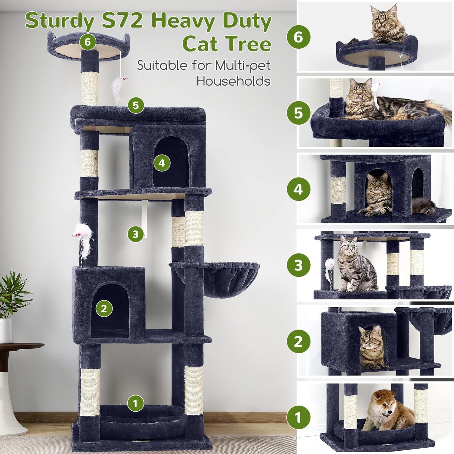 Globlazer Heavy Duty Cat Trees for Large Cats, Sturdy 72in Maine Coon Cat Tree for Large Cats 20 lbs+ Heavy Duty Cat Tower for Adult Biggest Cat with 6 Scratching Posts, Hammock, S72, Smoky Gray