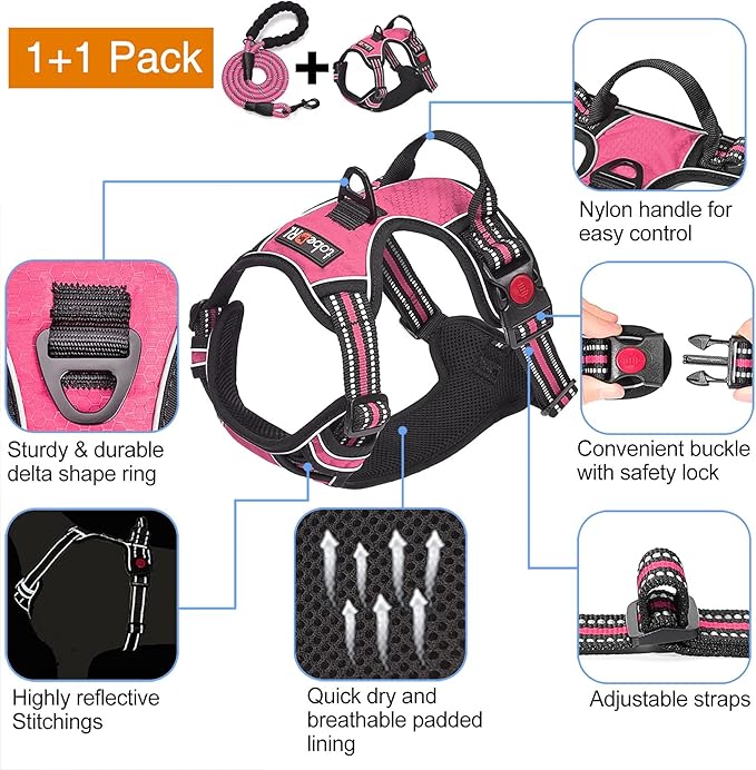 No Pull Dog Harness Adjustable Reflective Oxford Easy Control Medium Large Harness with A Free Heavy Duty 5ft Dog Leash (L (Neck: 18"-25.5", Chest: 24.5"-33"), Pink)