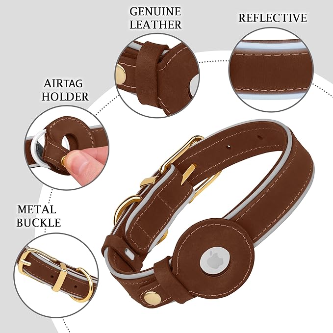 OOPSDOGGY Reflective Geniune Leather Airtag Dog Collar Soft Padded Collars for Small Medium Large Breed Dogs Puppy, 4 Sizes, 7 Colors (Brown, Small, 9"-12")