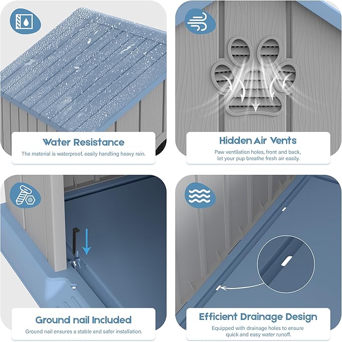 Large Dog House Outdoor Indoor for Medium Large Dogs, Durable Plastic Waterproof Doghouse with Air Vents and Elevated Floor, Easy Clean and Assemble (Blue, 36.2''L×38''W×38''H)