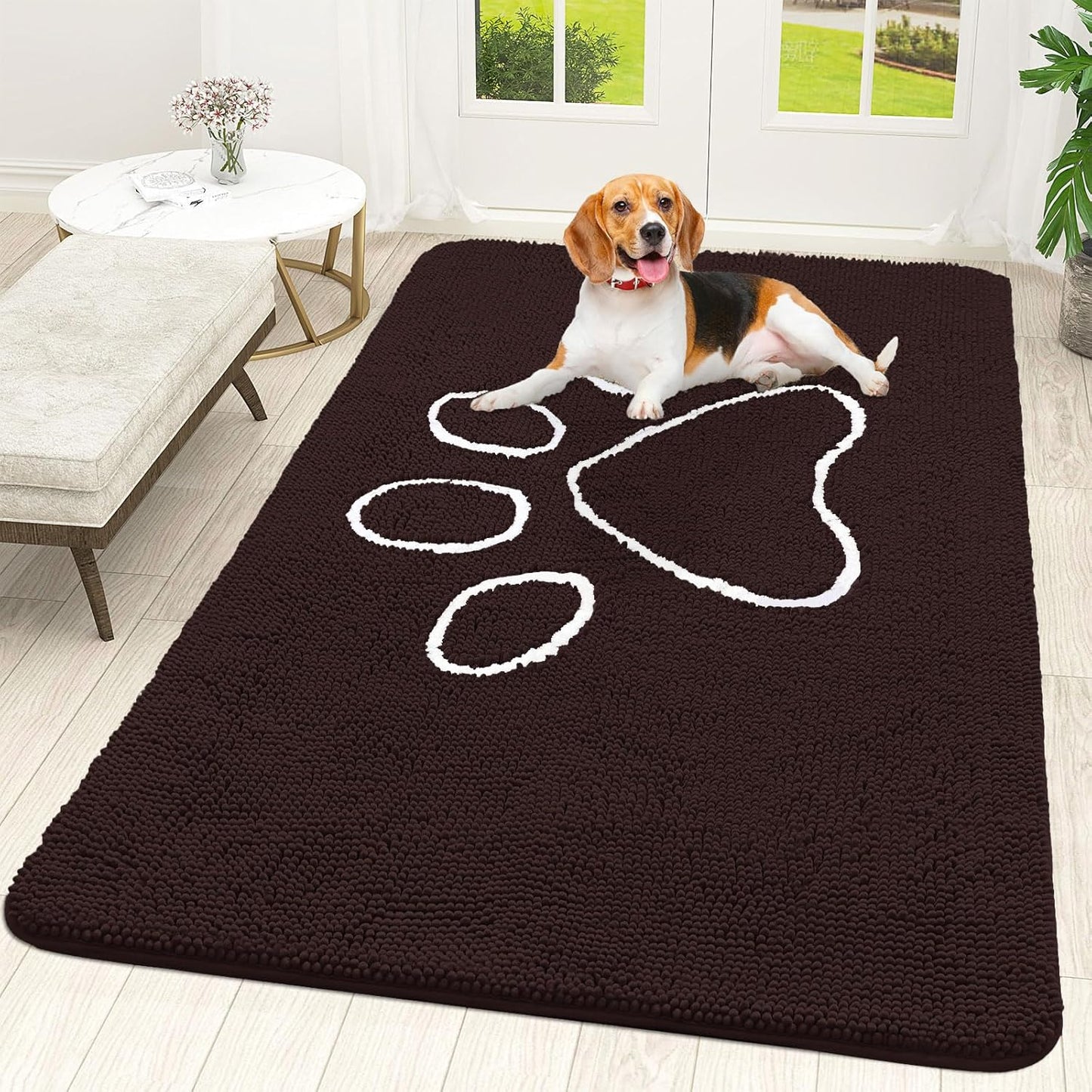 OLANLY Door Mat for Muddy Dog Paws 59x35, Ultra Absorbent Chenille Mud Doormat with Paw Print Design, Non-Slip Washable Doormat for Indoor Entryway, Quick-Dry Pet Bed Mats for Dirty Dogs, Brown