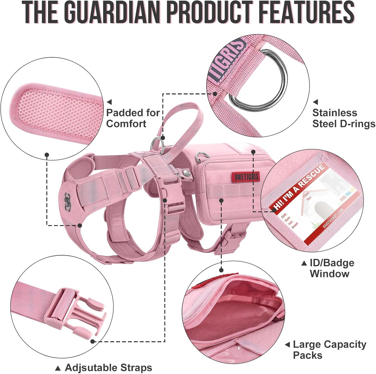 OneTigris Service Dog Vest Harness, Service Dog Cape Guardian Dog Backpack Harness with Pouches Dog Saddle Bag for Small Medium and Large Dogs (Pink, M)