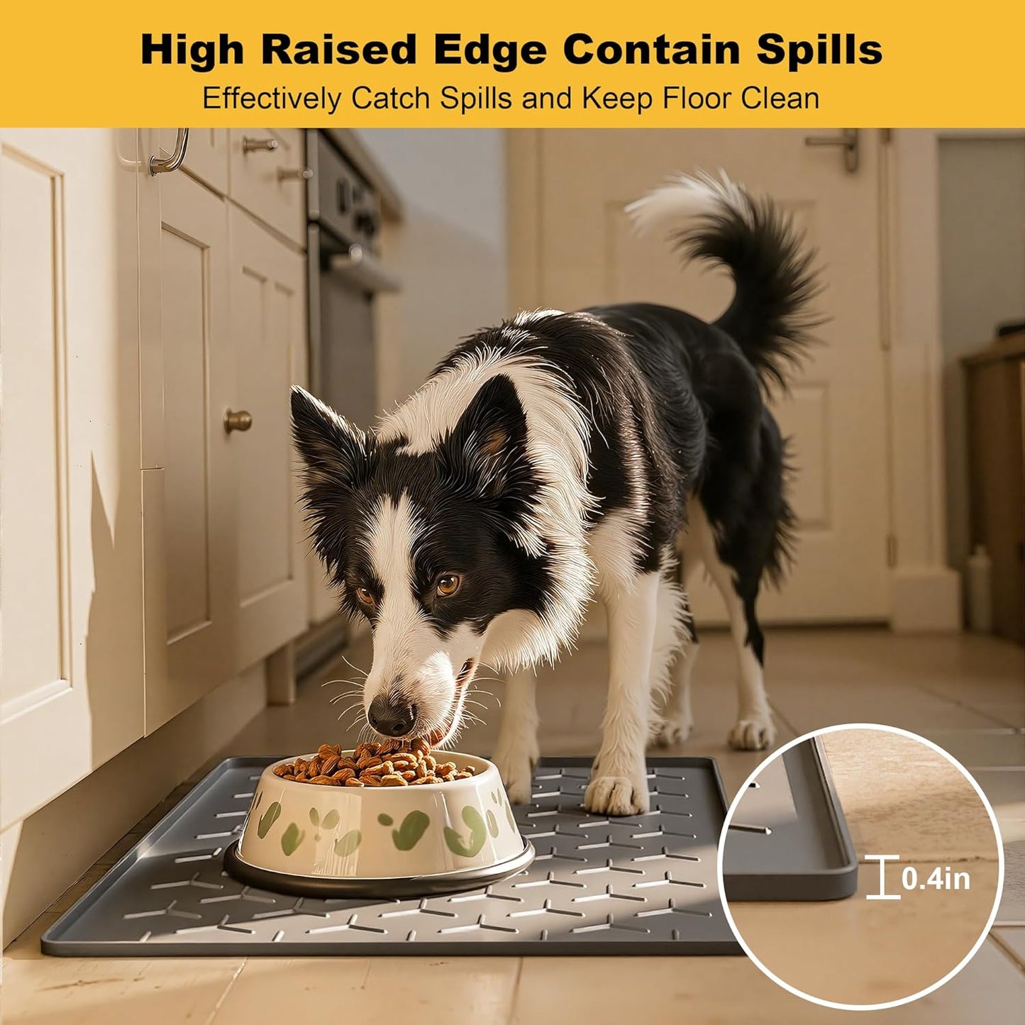 Pieviev Dog Cat Food Bowl Mat, Silicone Waterproof Food Grade Pet Food Mat for Floor, High Raised Edge to Prevent Spills, Non-Slip & Easy Clean Pet Placemat for Dog & Cat Bowls, 34''x22'', Dark Gray