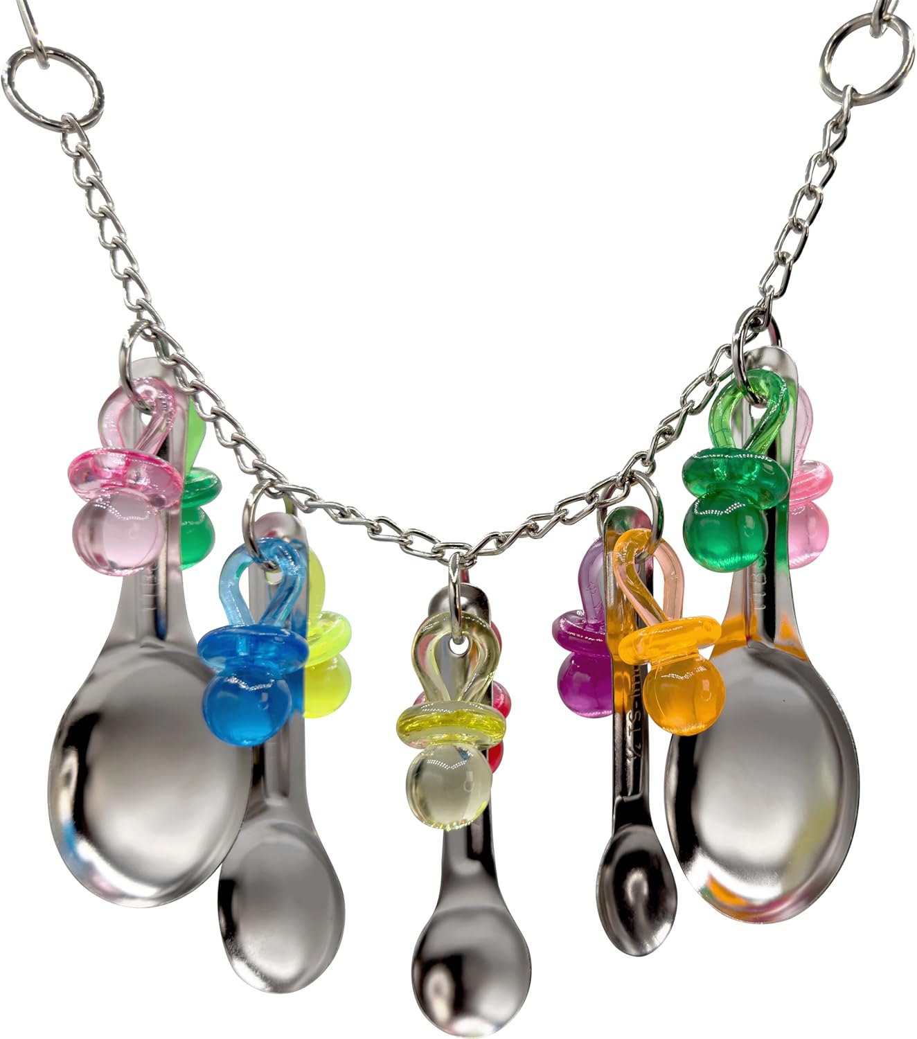 1969 Spoon Pacifier Shine - Handcrafted with Stainless Steel Spoons, Acrylic link chain and Acrylic Pacifiers, Shiny and noisy, Great for Medium size birds African Greys Conures Amazons and More